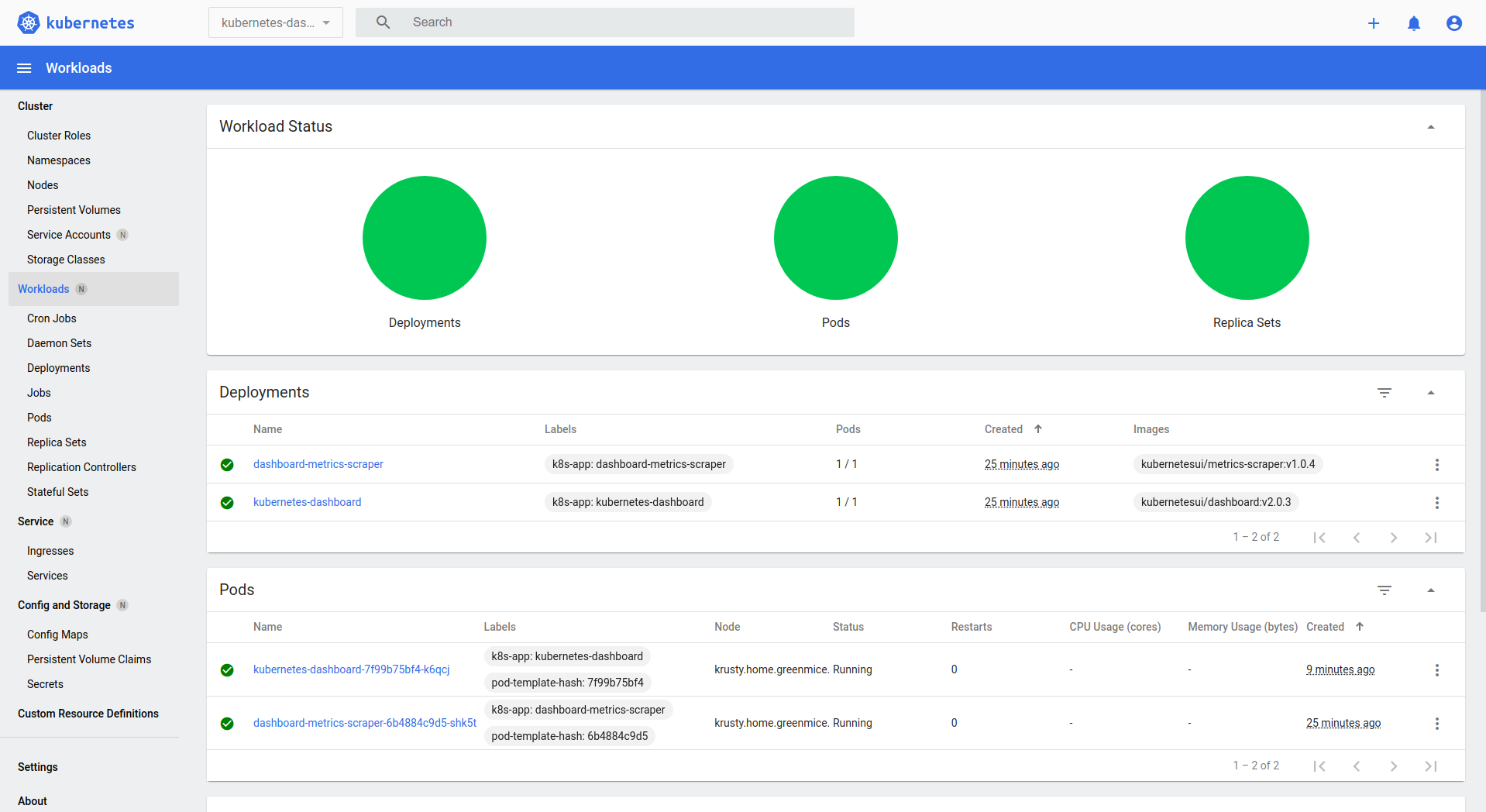 Kubernetes dashboard workloads